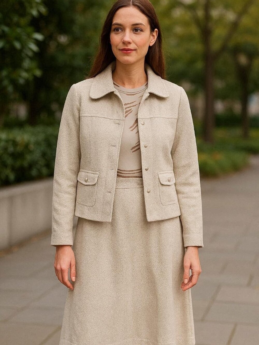 Vintage Leslie Fay Cream & Oatmeal Midi Dress & Jacket Set Size Medium 8